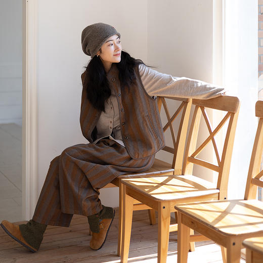 绽放031朵/棉麻色织鱼骨纹夹棉叠穿马甲女小立领文艺百搭马夹加厚 商品图2