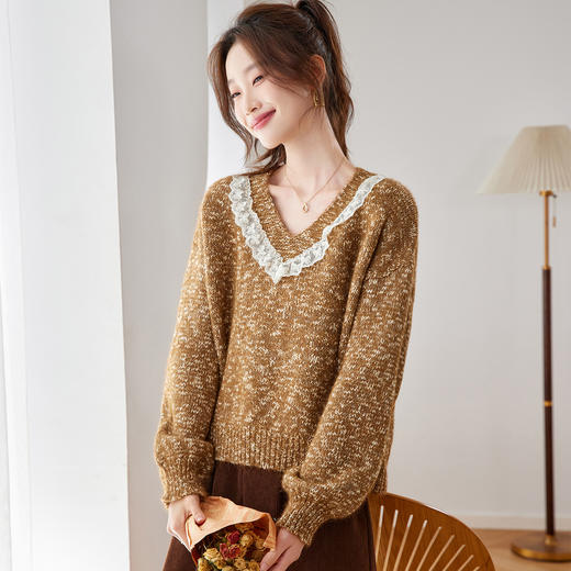 CC蕾丝拼接v领毛衣女宽松秋冬外穿宽松慵懒软糯针织衫洋气减龄上衣 商品图3
