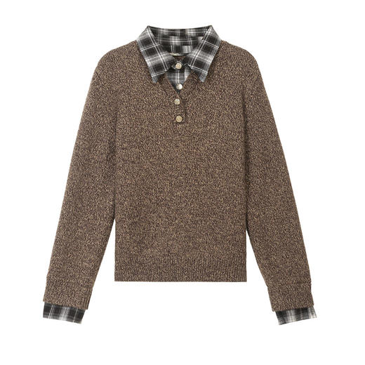 CC优雅通勤棕色格纹领拼接Polo毛衣女秋冬毛绒质感宽松显瘦针织上衣 商品图4