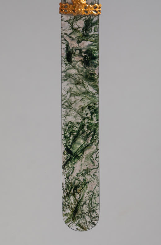 独角鹿西洋古董19世纪法国出品羊首主题铜鎏金精雕嵌卡梅奥古典女子肖像浮雕装饰绿色玛瑙翻书杖及蘸水钢笔套件 商品图4