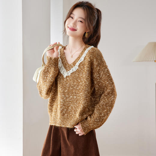 CC蕾丝拼接v领毛衣女宽松秋冬外穿宽松慵懒软糯针织衫洋气减龄上衣 商品图1