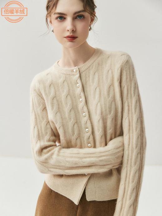丁摩 珍珠扣山羊绒开衫女纯色麻花百搭毛衣外套秋冬圆领针织衫上衣5ZF-25067 商品图3