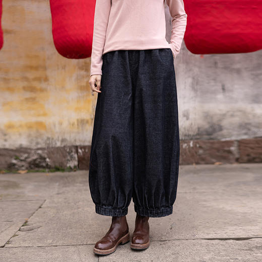 绽放042朵/牛仔灯芯绒全腰松紧脚口捏褶收口阔腿裤新款百搭休闲裤 商品图0