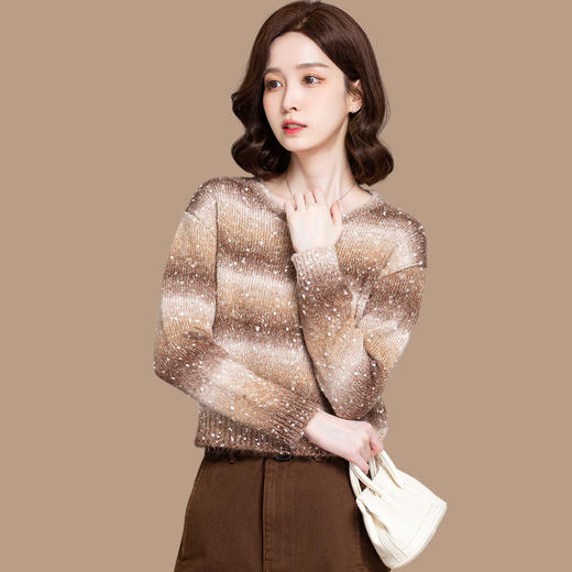 CC设计感圆领条纹撞色毛衣女短款秋冬2025新款套头针织打底衫好看女 商品图1