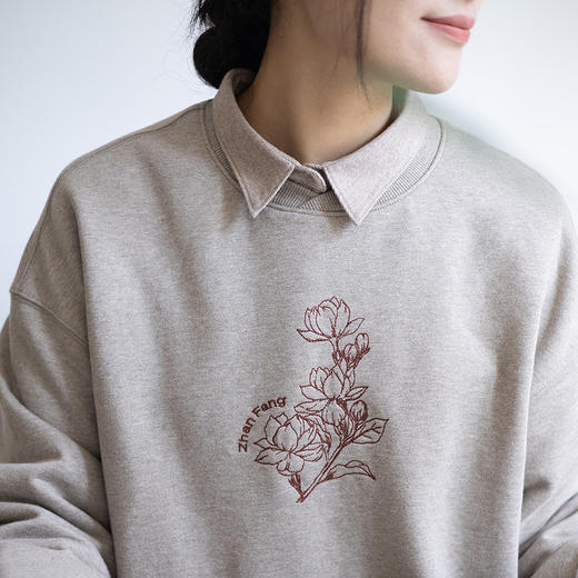 绽放028朵/茉莉花刺绣廓形纯棉长袖套头卫衣柔软亲肤宽松无帽上衣 商品图2