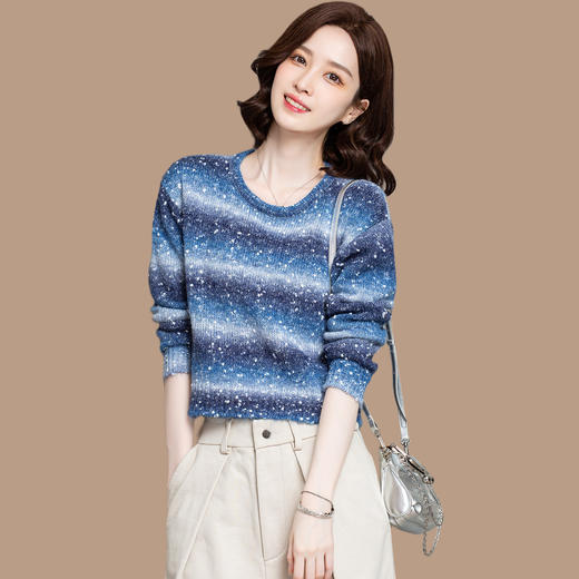 CC设计感圆领条纹撞色毛衣女短款秋冬2025新款套头针织打底衫好看女 商品图0