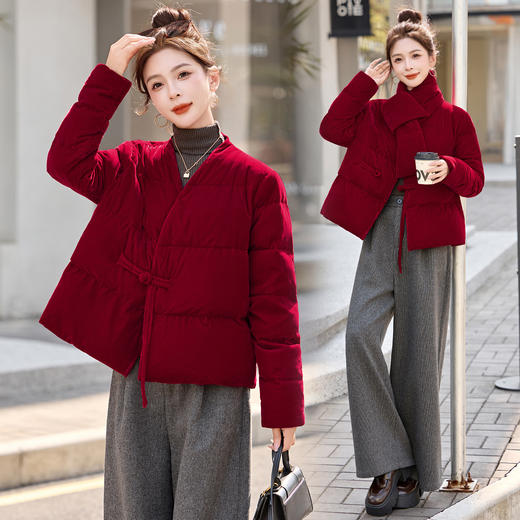 高级感丝绒羽绒服，盘扣国风保暖外套（配围巾）GRS2575 商品图2