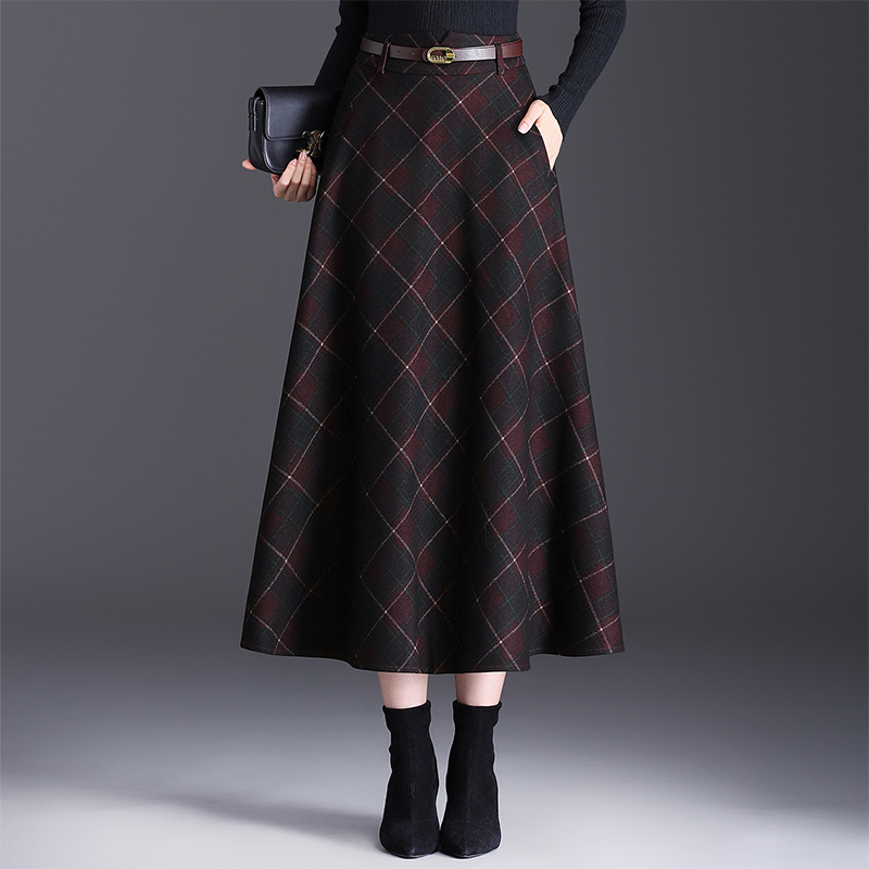 格纹通勤A字裙中长款，修身百褶大摆裙QYM-KYL-016-L
