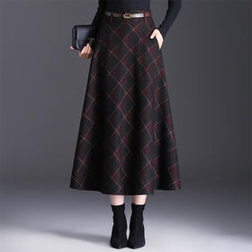 格纹通勤A字裙中长款，修身百褶大摆裙QYM-KYL-016-L