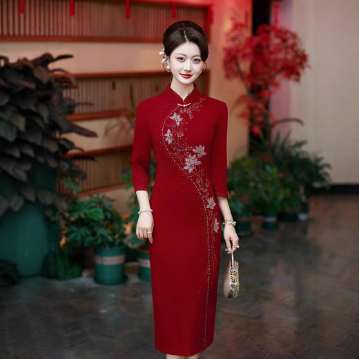 酒红色结婚礼服旗袍喜婆婆婚宴旗袍妈妈装礼服DL62569 商品图1