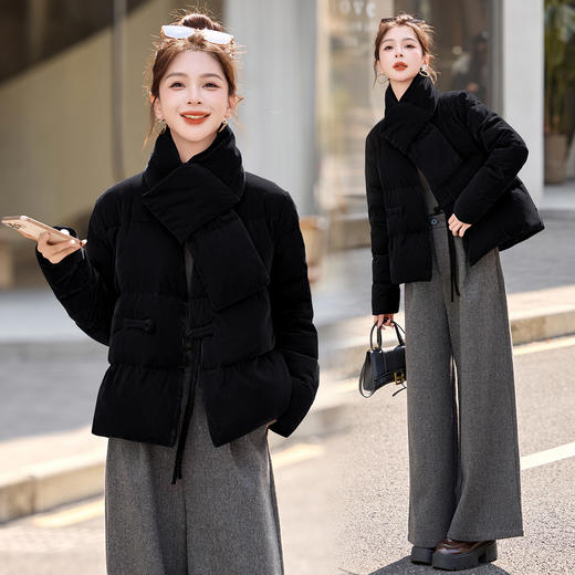 高级感丝绒羽绒服，盘扣国风保暖外套（配围巾）GRS2575 商品图1