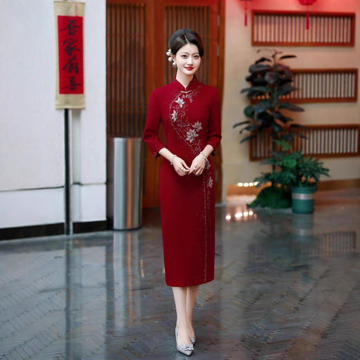 酒红色结婚礼服旗袍喜婆婆婚宴旗袍妈妈装礼服DL62569 商品图4