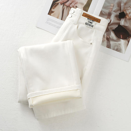 丁摩 白色加绒牛仔裤女秋冬款新款宽松阔腿裤冬季加厚高腰直筒裤子5ZF-705 商品图2