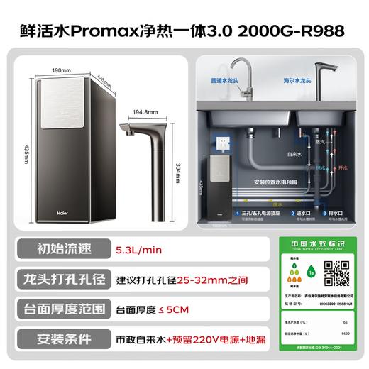海尔（Haier）新品2000G鲜活水ProMax净热一体3.0天然矿水储热罐厨下净水器可配管线机 6年长效膜通量1200G R988 商品图0