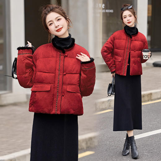 新中式刺绣水貂毛红色羽绒服，欧货洋气独特漂亮外套HR-YQH99958 商品图2