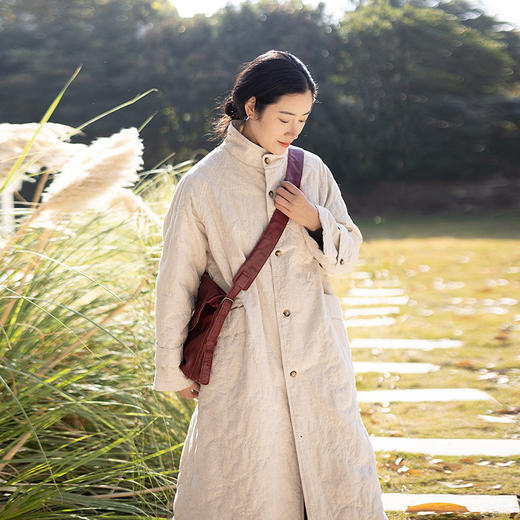 绽放066朵/棉麻提花宽松气质长款风衣外套女中长款棉服插肩袖大衣 商品图0