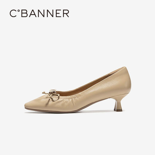千百度羊皮粗高跟鞋女2026春季新款方跟小皮鞋蝴蝶结通勤浅口单鞋A26125015 商品图2