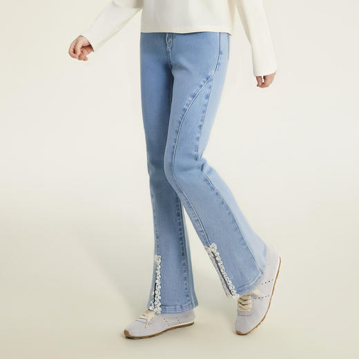 笛莎Deesha 童装女童裤子2026春新款甜美花边花边喇叭牛仔裤 商品图1