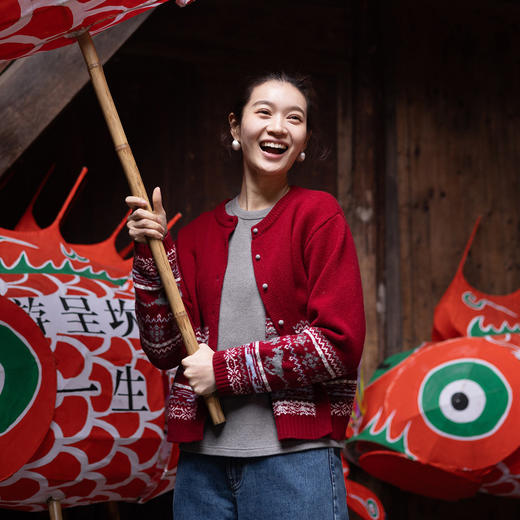 特绽放081朵/马上有福禄费尔岛提花毛衣·纯羊毛马年提花针织开衫 商品图1