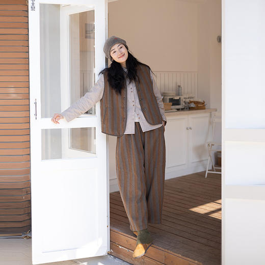 绽放031朵/棉麻色织鱼骨纹夹棉叠穿马甲女小立领文艺百搭马夹加厚 商品图1