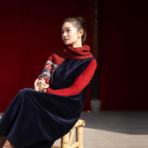 绽放014朵/棉平绒灯芯绒方领盘扣双层背心裙文艺叠穿无袖连衣裙女 商品图3