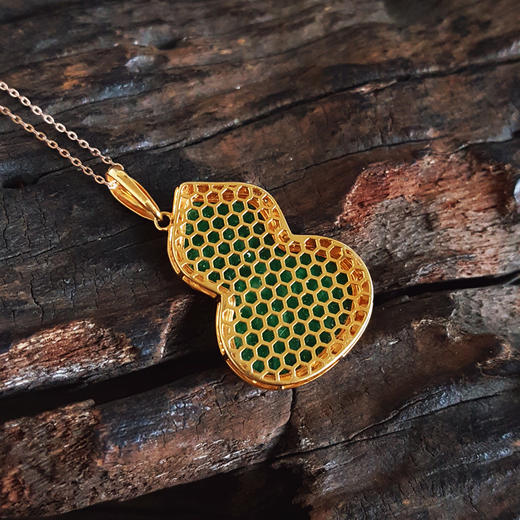 【天然正品】A货翡翠AU750黄金镶钻镶天然细腻满绿细豆种葫芦（福禄平安）翡翠吊坠项链26.6*19.4*3.7MM(皆取最大值)链长：45CM（长度可调节） 171225NJS45 商品图6