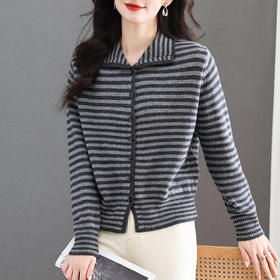 CC秋冬新款女士针织羊毛开衫翻领条纹港风外穿长袖保暖时尚女装