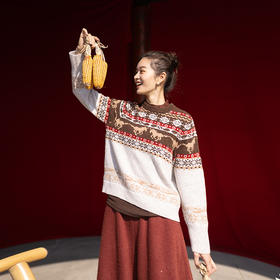 特绽放080朵/马年提花全羊毛圆领长袖套头毛衣新款设计感文艺毛衫