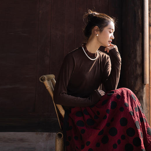 绽放013朵/天丝羊毛拼欧根纱花边立领长袖T恤叠搭舒适高弹打底衫 商品图0