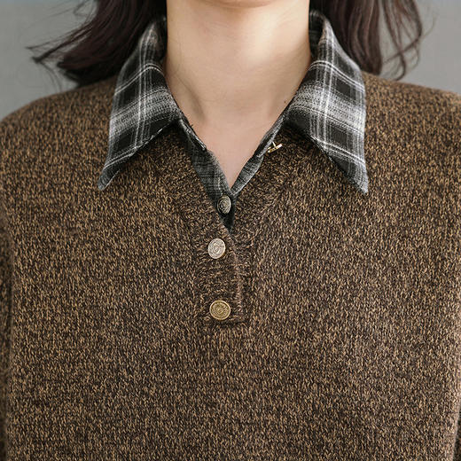 CC优雅通勤棕色格纹领拼接Polo毛衣女秋冬毛绒质感宽松显瘦针织上衣 商品图2