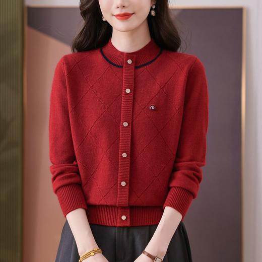 CC秋冬气质半高领衫 菱形纹撞色边单排扣修身针织衫短款上衣 商品图2