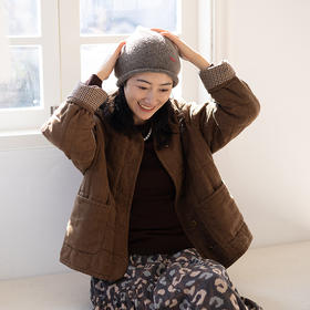 绽放051朵/方正棉服·色织亚麻方格绗棉短棉服复古文艺棉衣厚外套