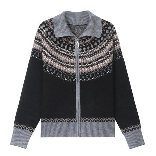 CC2025秋冬新款提花条纹女山翻领拉链开衫厚外套复古百搭长袖上衣女 商品图4