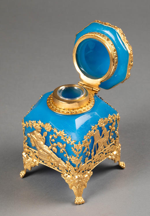 独角鹿西洋古董19世纪法国出品古典女神与花叶主题铜鎏金精雕装饰蓝色欧泊水晶墨水瓶 商品图6