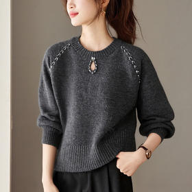CC宽松短款毛衣女漂亮减龄上衣2025新款冬装灰色圆领保暖打底衫显瘦