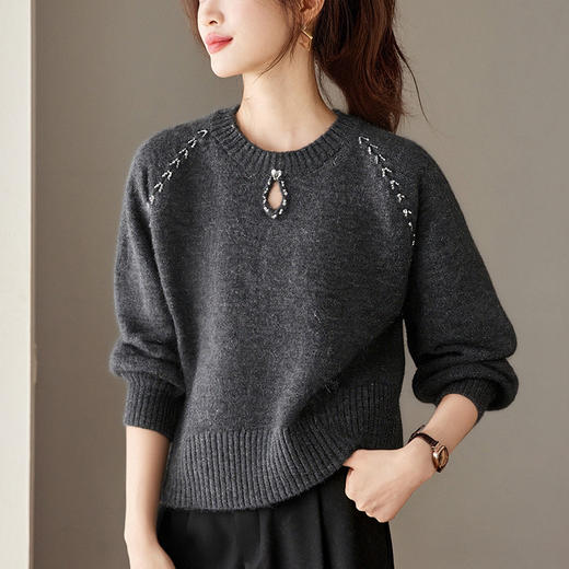 CC宽松短款毛衣女漂亮减龄上衣2025新款冬装灰色圆领保暖打底衫显瘦 商品图0