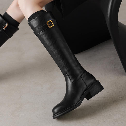 【预售5天】全牛皮修腿洋气百搭皮带扣骑士靴粗中跟圆头真皮高筒长靴KK840-23 商品图1
