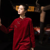 绽放039朵/新中式盘扣纯棉灯芯平绒长袖连衣裙冬新年红色文艺长裙 商品缩略图0