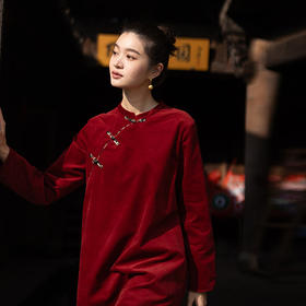 绽放039朵/新中式盘扣纯棉灯芯平绒长袖连衣裙冬新年红色文艺长裙