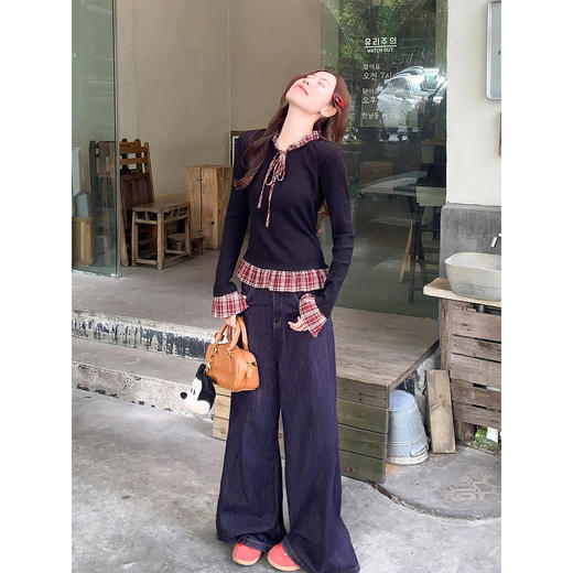 <曾小咸推荐>现货秒杀 ！微信超特价！韩系假两件格子t恤 日常149.99 立减80 秒杀69.99！！ 商品图1