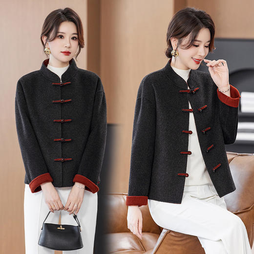 秋冬新款双面呢纯羊毛大衣复古中国风小个子女式纯色立领上衣外套 商品图2