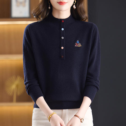 CC100纯羊毛女秋冬套头半高领打底针织衫刺绣长袖毛衣宽松大码上衣 商品图1