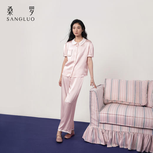 海棠丝韵』桑罗娃娃领睡衣套装桑蚕丝女短袖家居服可外穿 商品图0