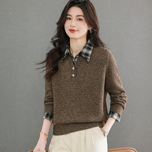 CC优雅通勤棕色格纹领拼接Polo毛衣女秋冬毛绒质感宽松显瘦针织上衣 商品图0