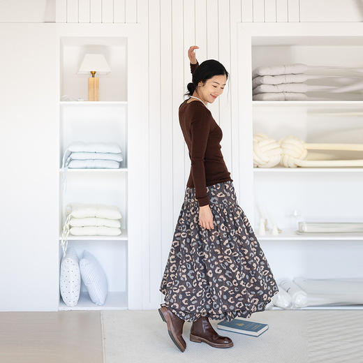 绽放057朵/全棉撞色设计提花双层半身长裙全腰松紧复古半身裙长裙 商品图1