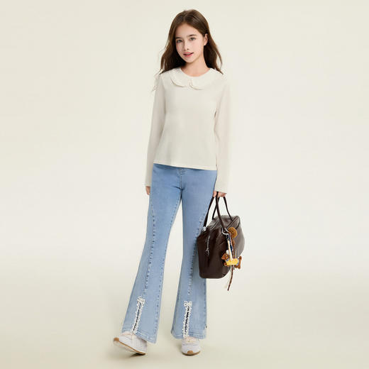 笛莎Deesha 童装女童裤子2026春新款甜美花边花边喇叭牛仔裤 商品图2