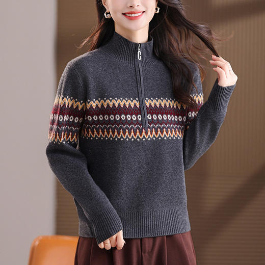 CC半高领拉链打底衫漂亮减龄洋气提花保暖针织衫上衣2025新款上衣女 商品图1