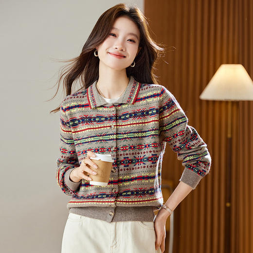 CC【重工费尔岛提花】针织开衫女2025冬季新款宽松软糯翻领复古上衣 商品图0