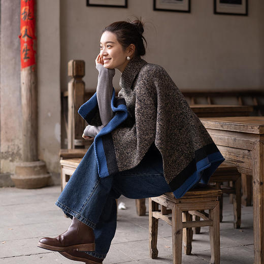 绽放068朵/魔法套头披肩·羊毛羊绒重磅花纱撞色高领套头毛针织衫 商品图3