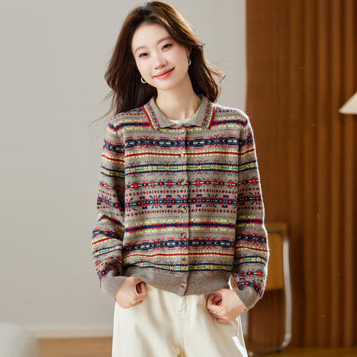 CC【重工费尔岛提花】针织开衫女2025冬季新款宽松软糯翻领复古上衣 商品图1